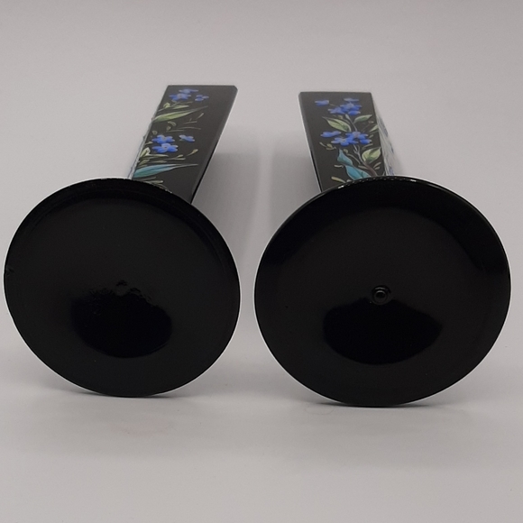 Pair Antique Black Glass Bus Vases Hand Painted Enamel Floral Gold Gilt Accent - Picture 9 of 10